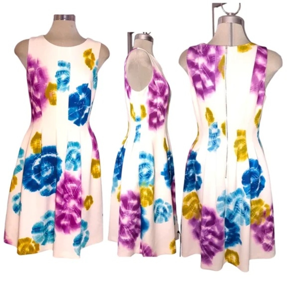Calvin klien flair dress with pockets white with purple,blue and green bursts